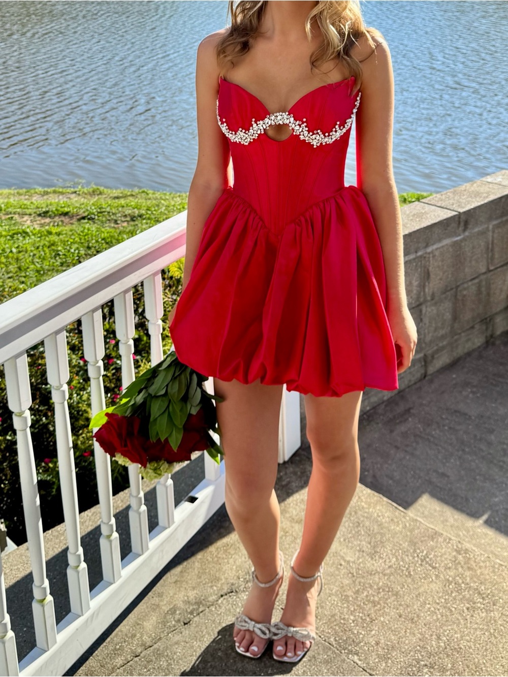 Sherri Hill Red Strapless Bubble Hem Mini Dress